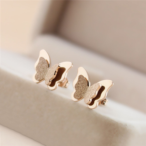 Korean butterfly frosted earrings for women, titanium steel, rose gold, Japanese and Korean students, versatile, fashionable, ladylike, sexy and simple