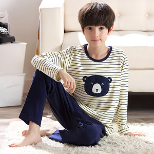 春秋冬初中学生少男睡衣男孩长袖纯棉12-13-15岁大童可爱青少年套