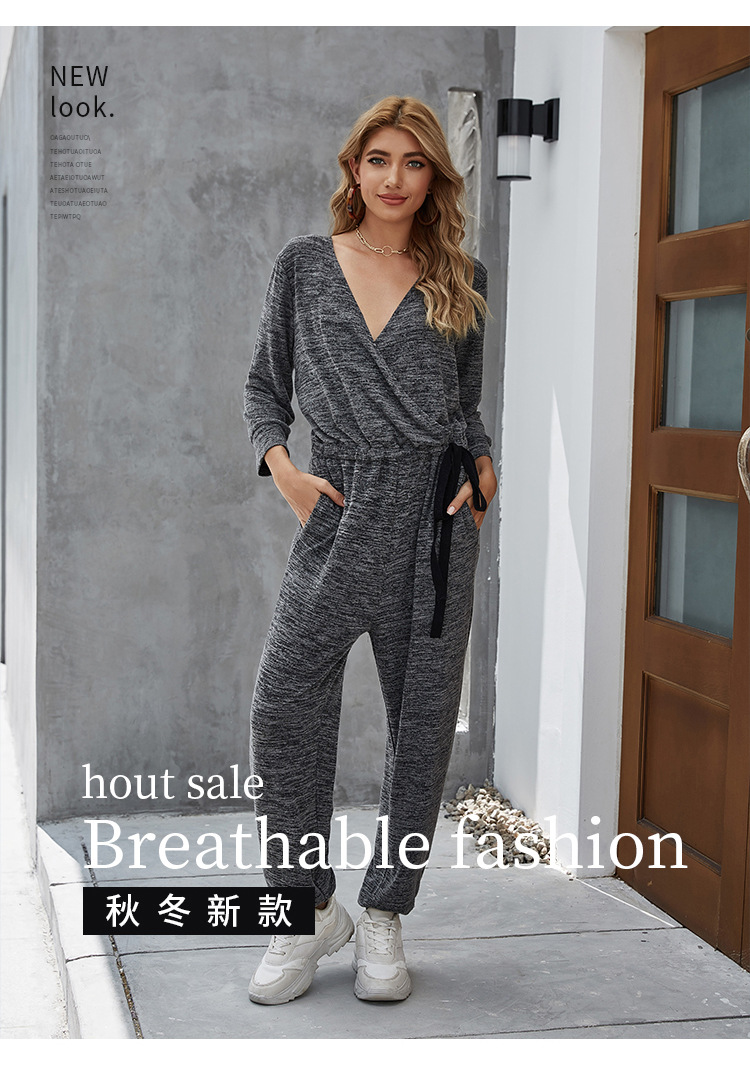 V-neck nine-point sleeve one-piece solid color jumpsuit NSYH7141