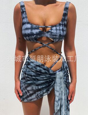 2021新款高腰绑带比基尼女三件套网纱防晒泳衣时尚性感双肩泳装女