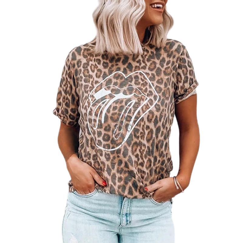 leopard print lip print round neck short-sleeved t-shirt Nihaostyles wholesale clothing vendor NSLZ72638