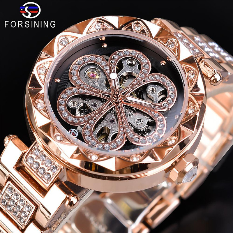 Women's Rhinestone Skeleton Mechanical Watch Automatic Waterproof_voghion.com