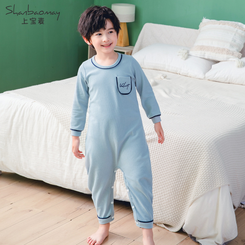 SHANGBAOMAI 어린이 원피스 잠옷 소년 가을, 겨울 두꺼운 면화 아동 잠옷 소년 가정 옷 따뜻한 긴팔 두꺼운