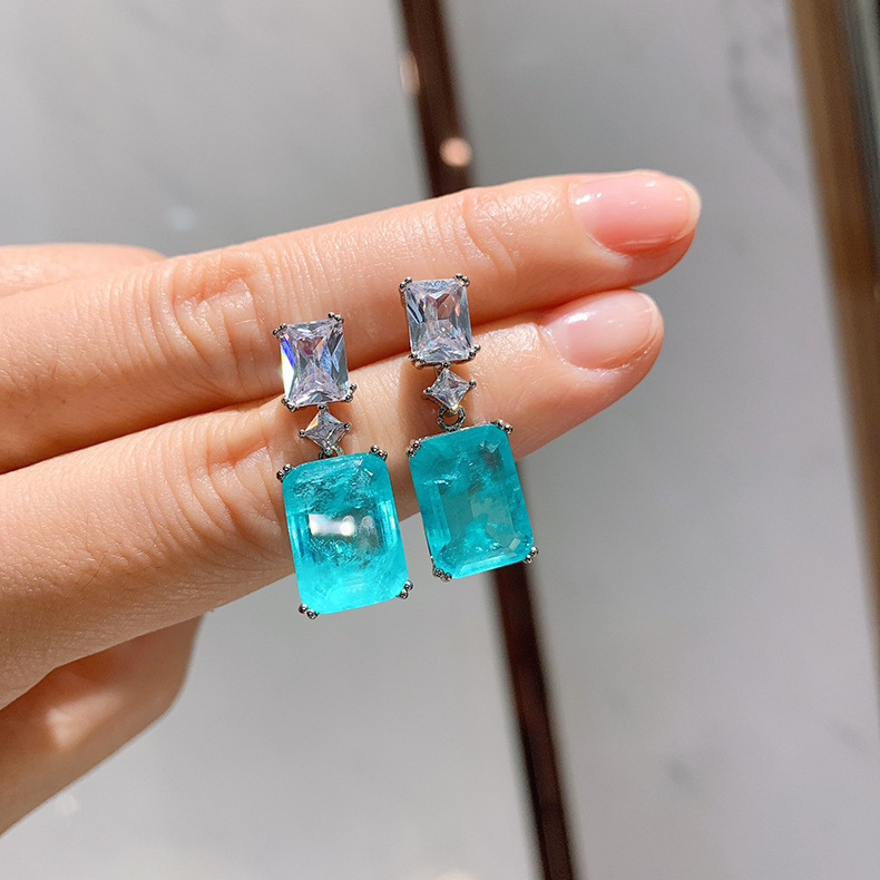 8g Weight Zircon Inlay Material Retro Square Copper Gold Plated Inlay Zircon Drop Earrings 1 Pair