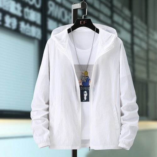 Summer Men Solid Color Sun Protective Skin Jacket Zipper Hooded Fashion Sun Protective Clothing Plus Size