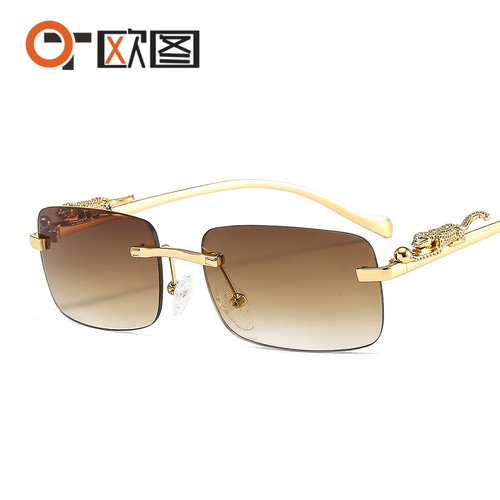 Cheetah Decorated Frameless Square Sunglasses Colored Men's and Women's Retro Leopard Head Metal Sunglasses Cross-Border Wholesale 2572