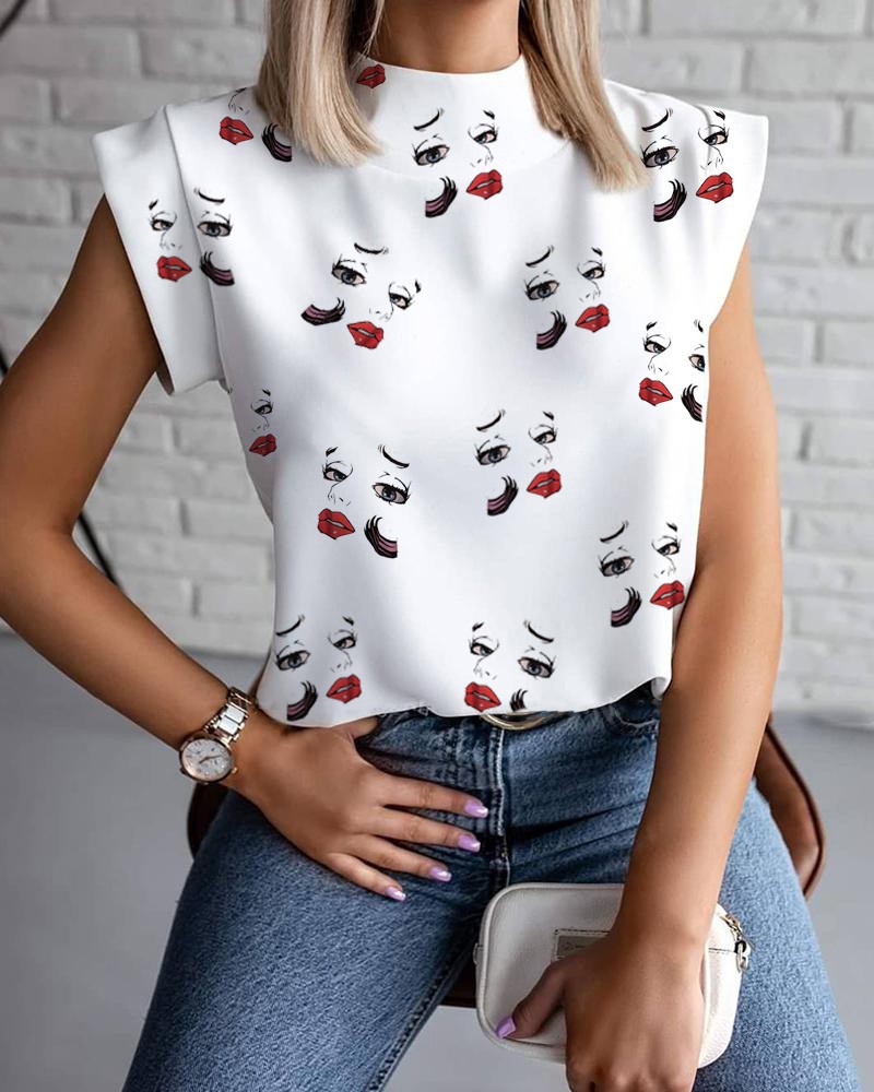 Mujeres Blusa Manga Corta Camisetas Impresión Labor De Retazos Moda Cara Humana display picture 14