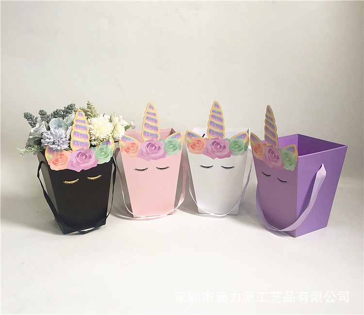 奥力派 独角兽手提花桶  鲜花礼盒  永生花盒  插花盒 花盒