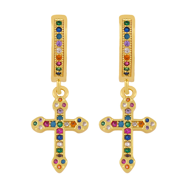 Hot-selling Colorful Zircon Retro Cross Love Copper Earrings For Women Wholesale display picture 6