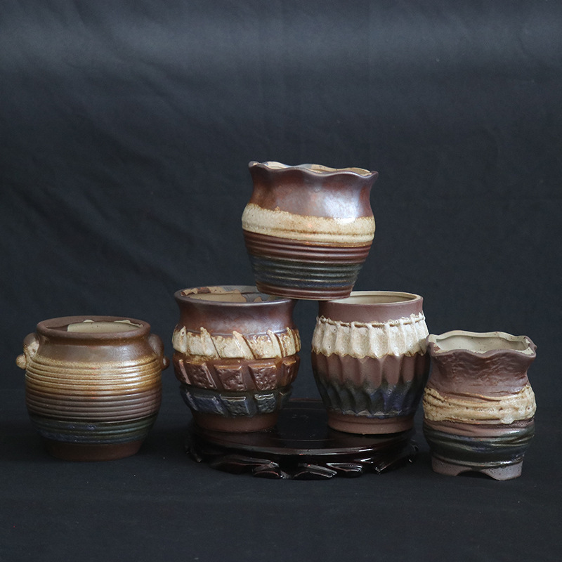 Succulent Plant Pot, Coarse Pottery, Breathable, Creative, Retro, Indoor, Chinese Style, Old Stump Ceramic Crackle Pot, Bonsai