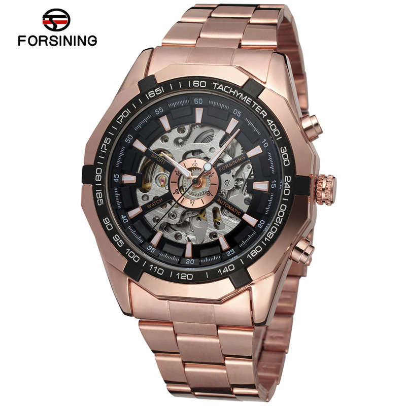 FORSINING correa de acero de los hombres reloj mecánico automático hueco transparente inferior negocio reloj mecánico volante reloj 8042