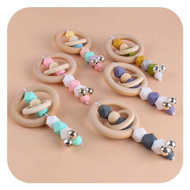Nueva DIY dibujos animados Hemu anillo de madera mano palo sonajero juguete mordedor bebé silicona teether palo