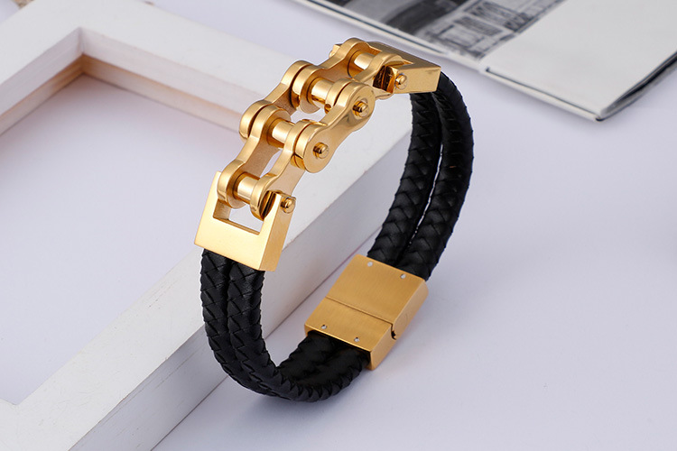 Simple Style Geometric Stainless Steel Pu Leather Plating 18K Gold Plated Men's Bracelets display picture 7