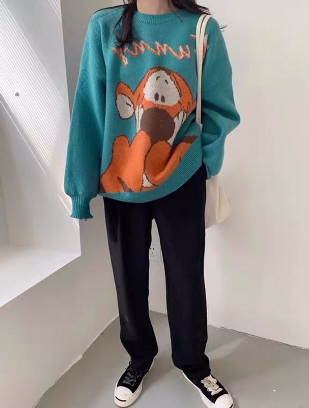 Women's 2020 Autumn and Winter New Winnie the Pooh Jacquard Round Neck Knitted Loose Large Size Lazy European and American Sweater Jacket