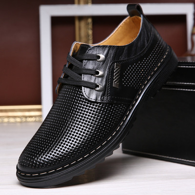 夏季男士涼鞋 頭層牛皮洞洞鞋真皮 商務休閑系帶打孔男式涼鞋批發