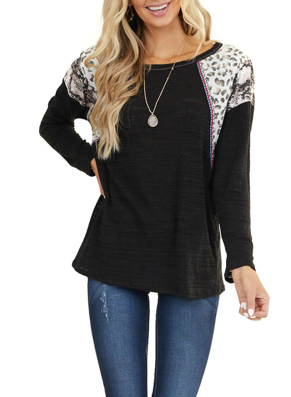 leopard print stitching round neck long sleeve top  NSSI16724