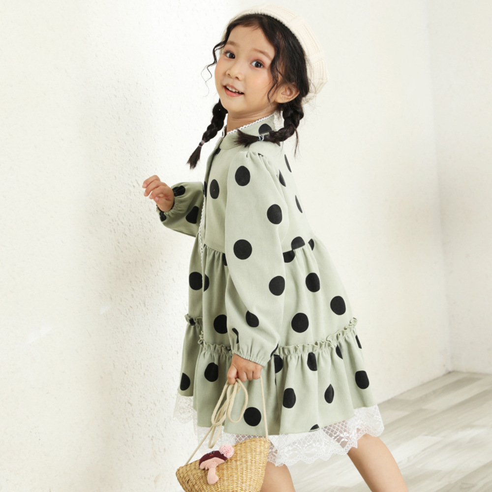 泡泡袖牛油果绿秋女童波点连衣裙童装女童秋装连衣裙新款儿童韩国