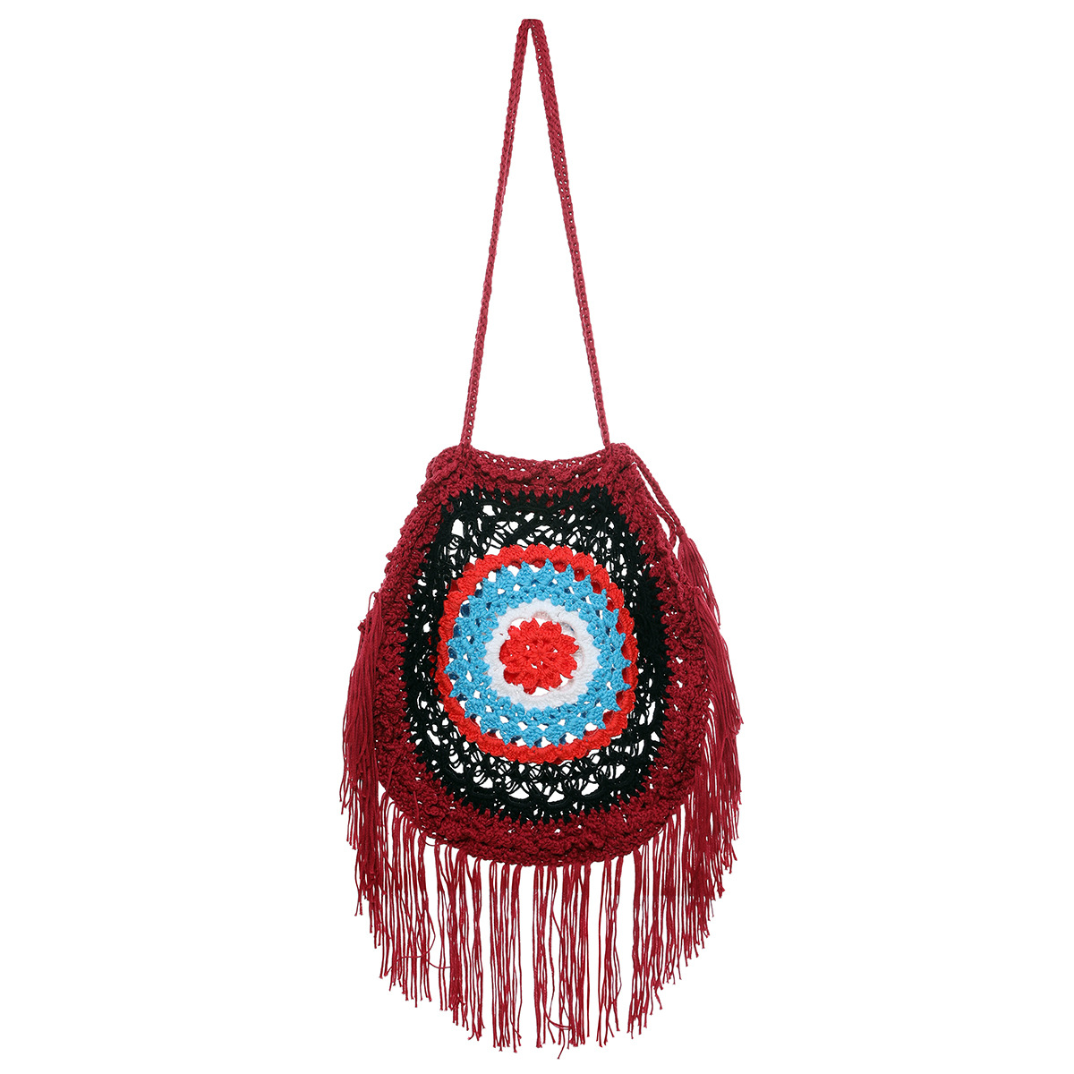 產(chǎn)地貨源跨境新款手鉤間色圓形花朵流蘇包包　沙灘包休閑袋單肩包