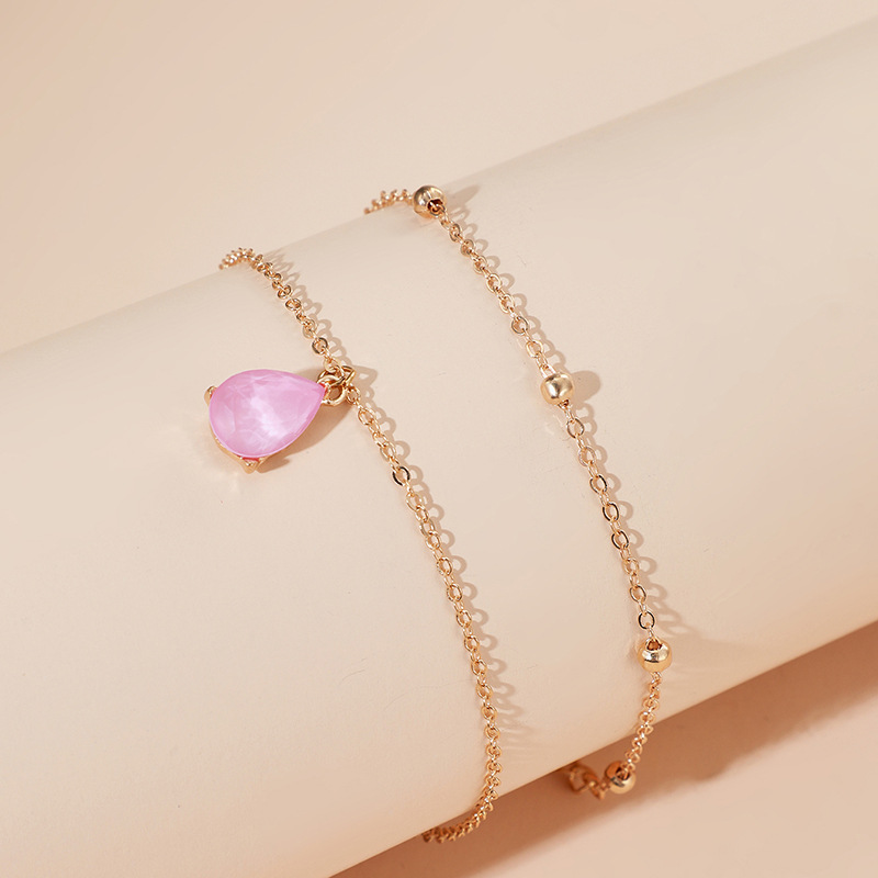 Pink Drop-shaped Diamond Anklet 2 Piece Set Simple All-match Alloy Round Bead Anklet Set Wholesale Nihaojewelry display picture 2