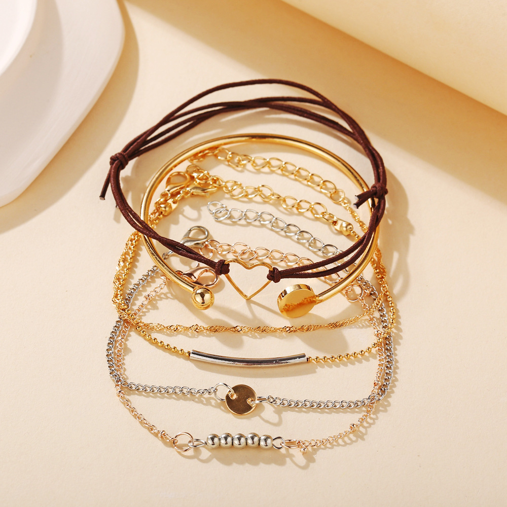 Korean Fashion European And American Hollow Love Bead Chain Bracelet Set 6 Pieces Creative Retro Alloy Bracelet