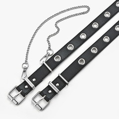 Online Korean version women's casual punk full hole black belt chain decorated eyelet pin buckle belt for women
