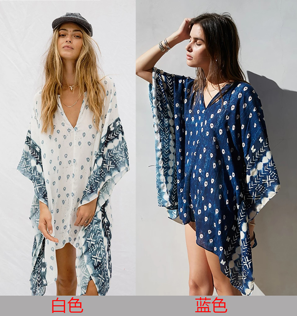 Bat Sleeve Long Sleeve Stitching Loose V-neck Top Printed Women's Sun Protection Outer Blouse NSDF1514