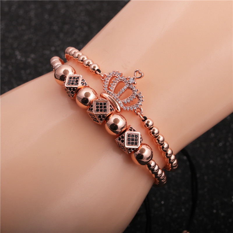 Yiwu joyería transfronteriza micro incrustaciones de circón corona de tres cortes redondo tejido ajustable traje de pulsera de los hombres