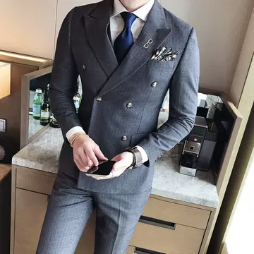 Men's three piece suit groomsman's suit British slim dark vertical stripe men's double breasted suit - ShopShipShake