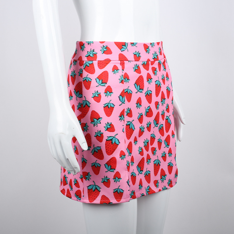 Strawberry Printing High Waist Slit Slim Skirt