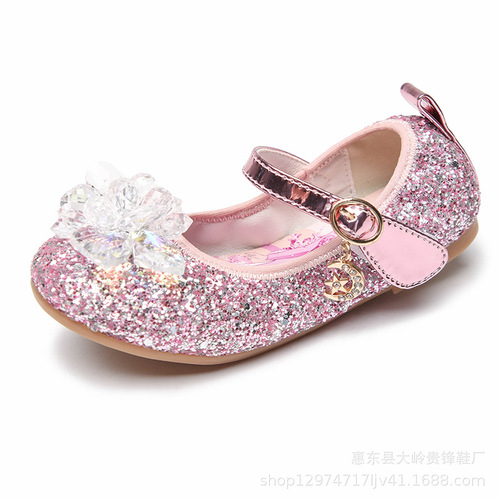 女童公主鞋2023新款韩版爱莎蝴蝶时尚儿童水晶鞋亮片一字带童鞋潮