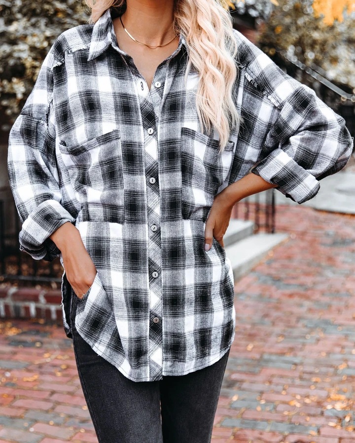 autumn and winter plaid raw edge loose casual shirt  NSYD9385