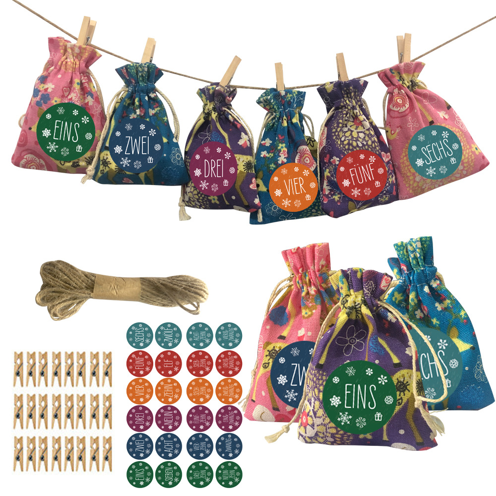 三色小鹿棉布圣诞礼品袋 抽绳束口糖果礼物包装收纳袋礼品袋套装