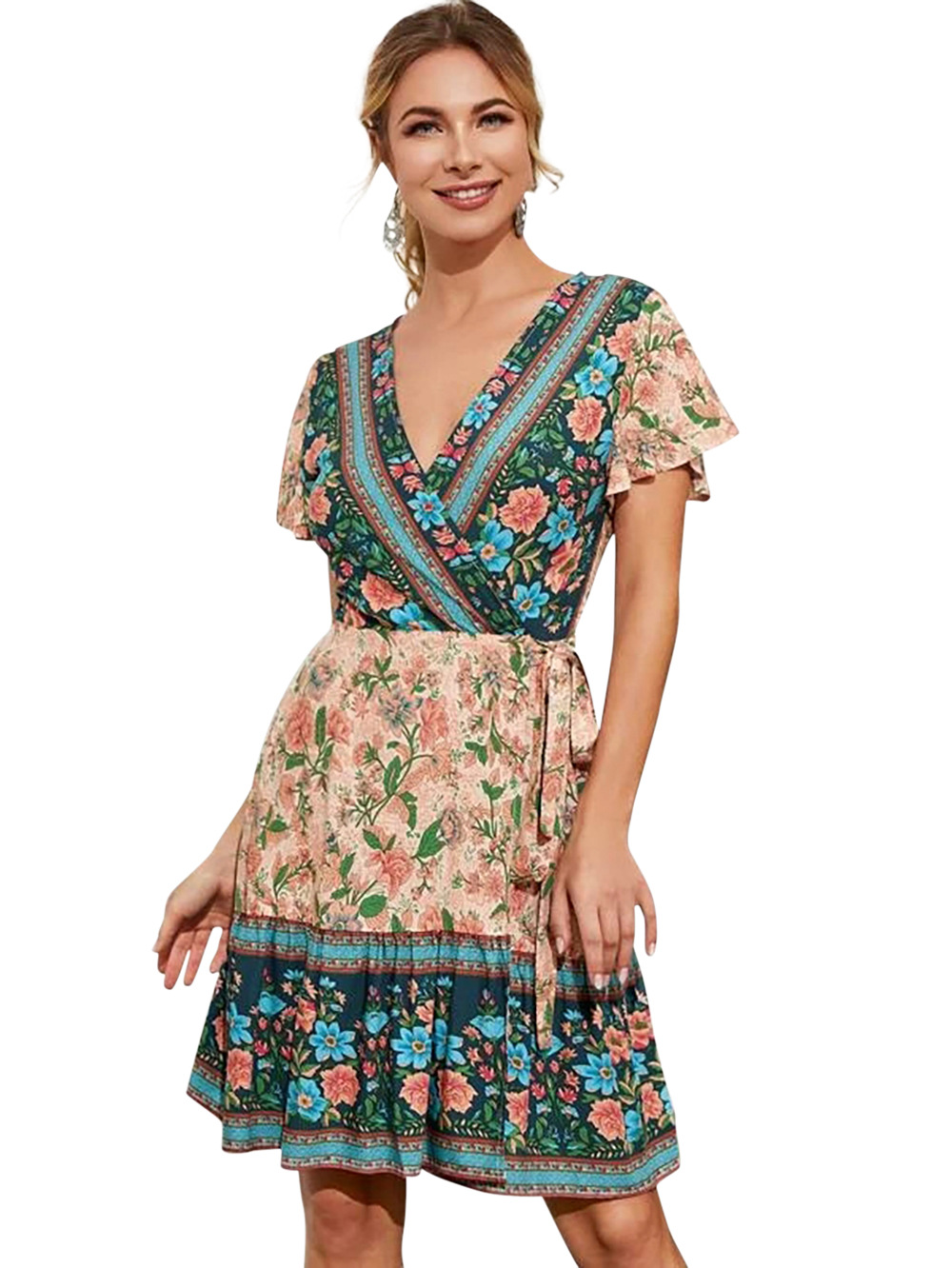 Vestido de mujer rosa estilo bohemio falda estampada con cuello en V NSDF1490