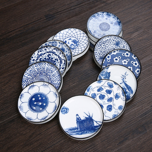 Ceramic tea set coaster Kung Fu tea heat insulation anti-scalding handmade large retro underglaze blue and white porcelain saucer tea ceremony accessories
