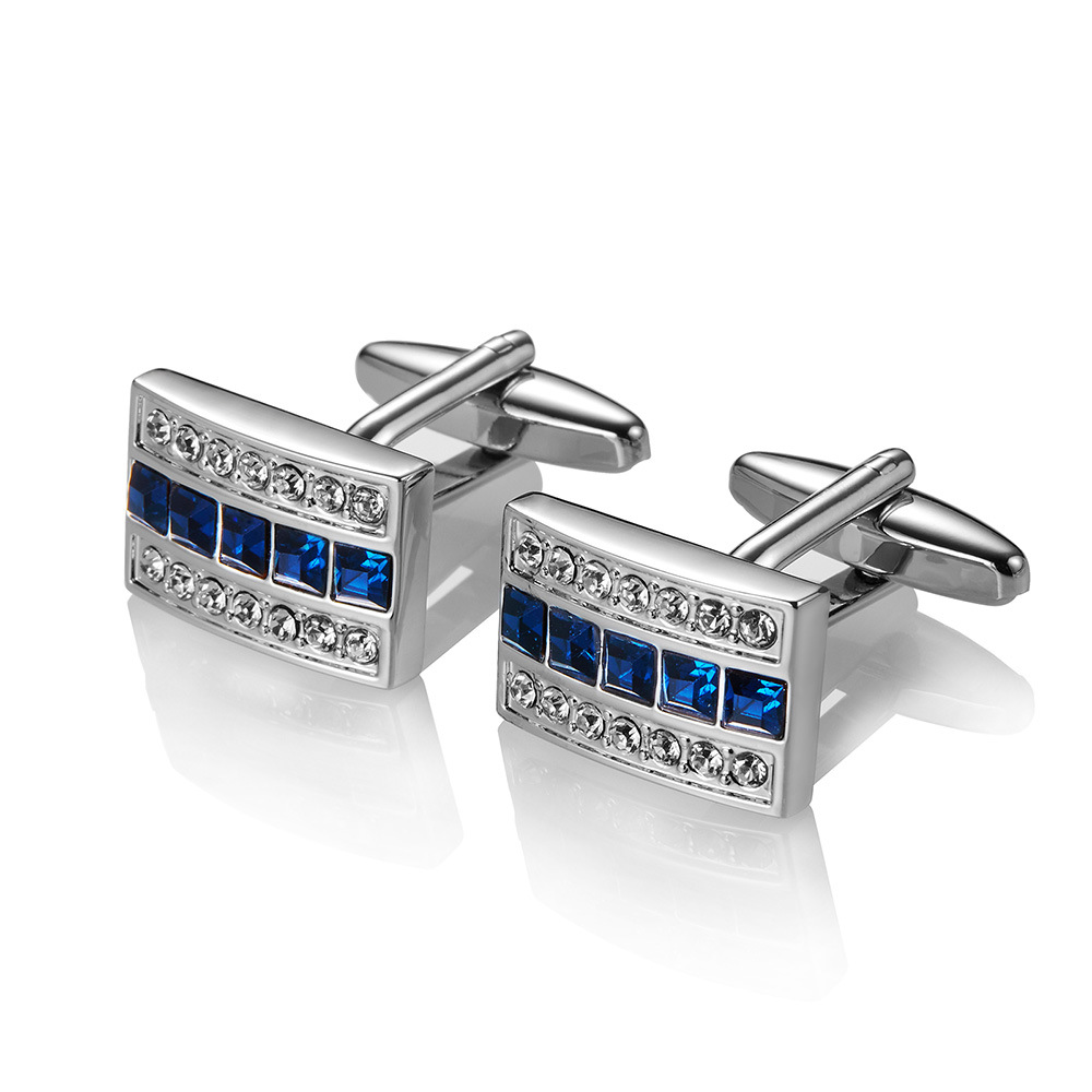 High-Quality Metal Silver Cufflinks with Blue Diamonds for Men's Formal Cuffs and Cufflinks for French Shirts Cufflinks