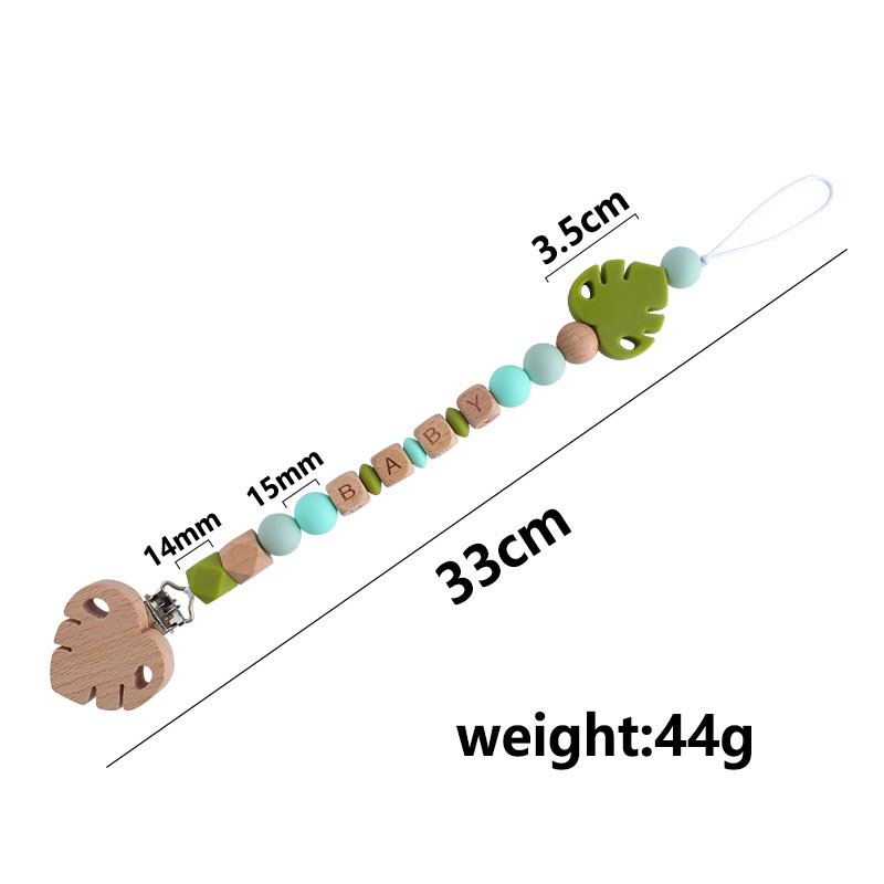 Nombre del bebé personalizable Cadena de chupete de hoja de silicona Bebé suministros de haya hoja chupete clip juguete mordedor