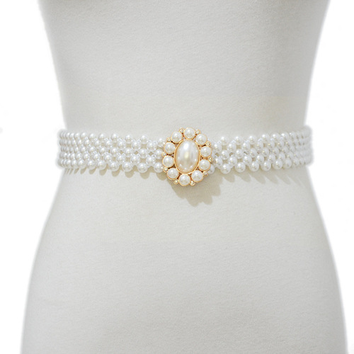 Women's decorative gemstone pearl belt Ladies Fashion Oval Button Pearl Matching Dress