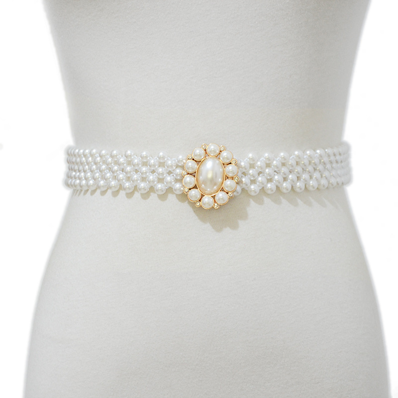 Women's decorative gemstone pearl belt Ladies Fashion Oval Button Pearl Matching Dress