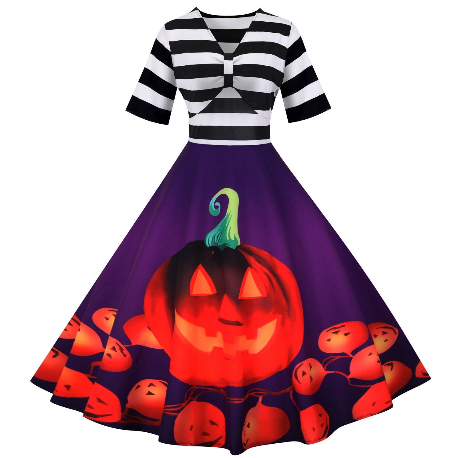 Women s Striped V-neck Short Sleeve Stitching Pumpkin Scary Face Printed Dress nihaostyles wholesale halloween costumes NSSAP78828