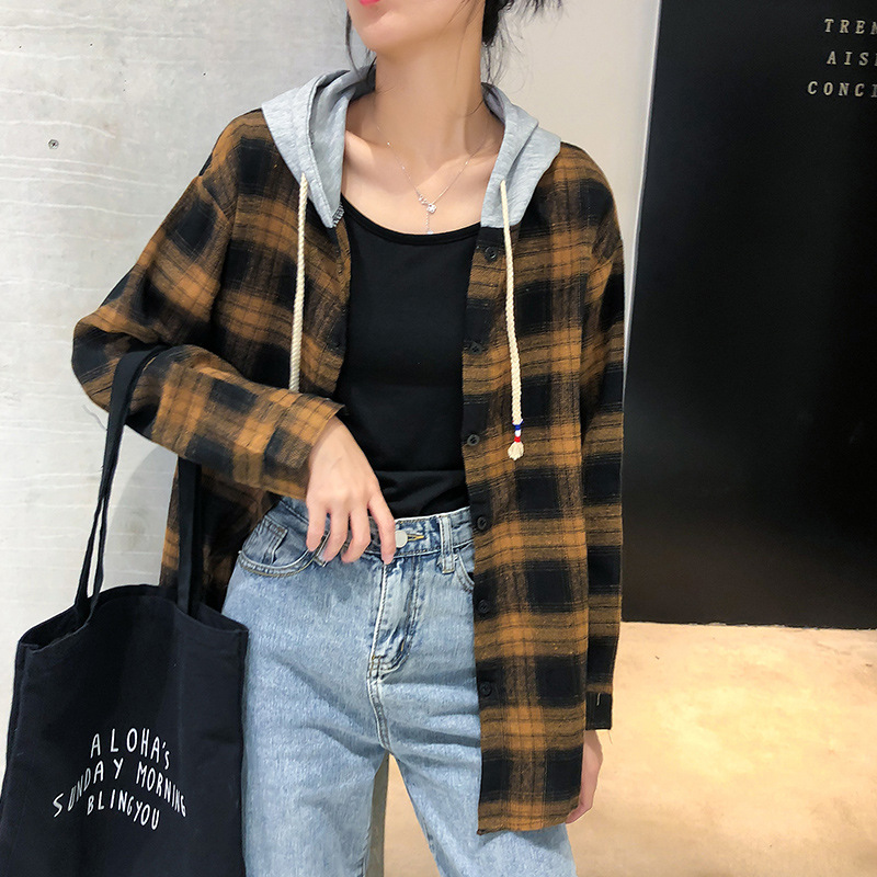 Women's loose plaid long-sleeved blouse New Harajuku Student Shirt Jacket in Spring_voghion.com