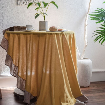日式创意布艺家居荷叶边黄色桌布素色圆桌餐桌水洗棉家用盖布|ru