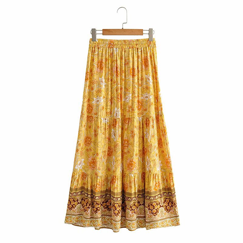 wholesale autumn elastic waist printed beach bohemian long skirt NSAM4238