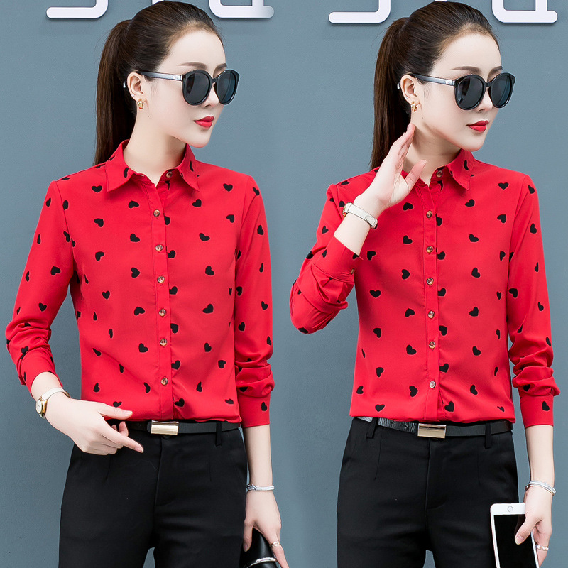 Primavera y otoño nueva camisa blanca roja amarilla impresa Camisa de gasa de manga larga de las mujeres estilo coreano de las mujeres slim fit delgada image 5