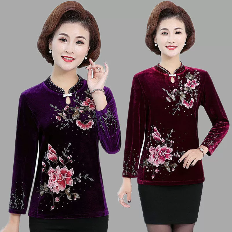 Материнская весенне-осенняя футболка с длинными рукавами из золотистого бархата, Топ для женщин среднего и пожилого возраста, Осенний топ с воротником-Ципао, Базовая рубашка