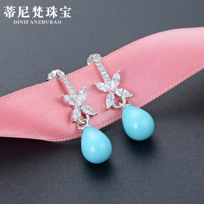 Estilo coreano Super Hada elegante flor con incrustaciones de circón pendientes mujer s925 plata esterlina trébol azul Shell perlas pendientes de perlas