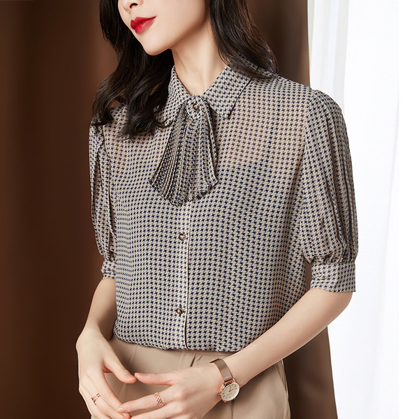 Short Sleeve Chiffon Blouse women’s bowknot thousand bird pattern blouse