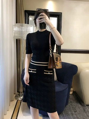 Гонконг Ми [Хорошее качество как постоянный покупатель] дорогое трехмерное платье с жемчужной пряжкой в ломаную клетку ранней осени