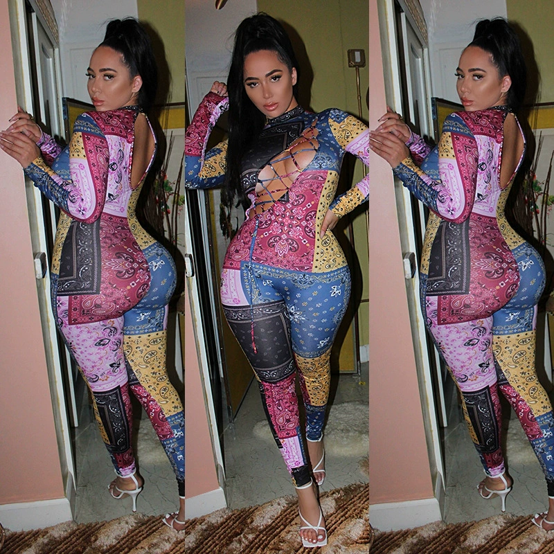 G8090 Европейский и американский осенне-зимний Новый женский сексуальный повседневный комбинезон на шнуровке с цветком кешью Pellis