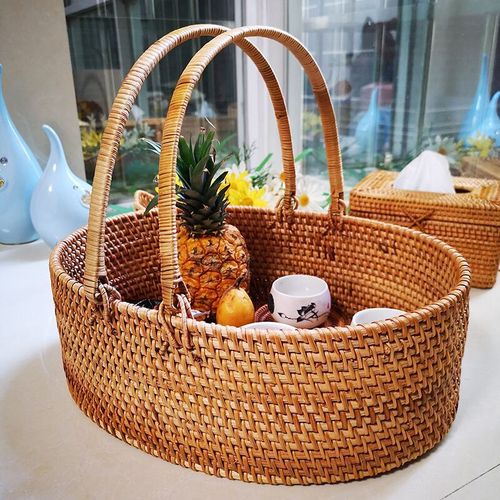 Vietnamese rattan picnic basket, hand-woven shopping basket, fruit, vegetable, bread, fruits and sundries, large portable storage basket