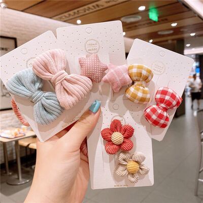 Korean Edition children lattice bow Hairpin Little Girl Fabric art Pentagon star Hair rope lovely Flower Tousheng Hairdressing